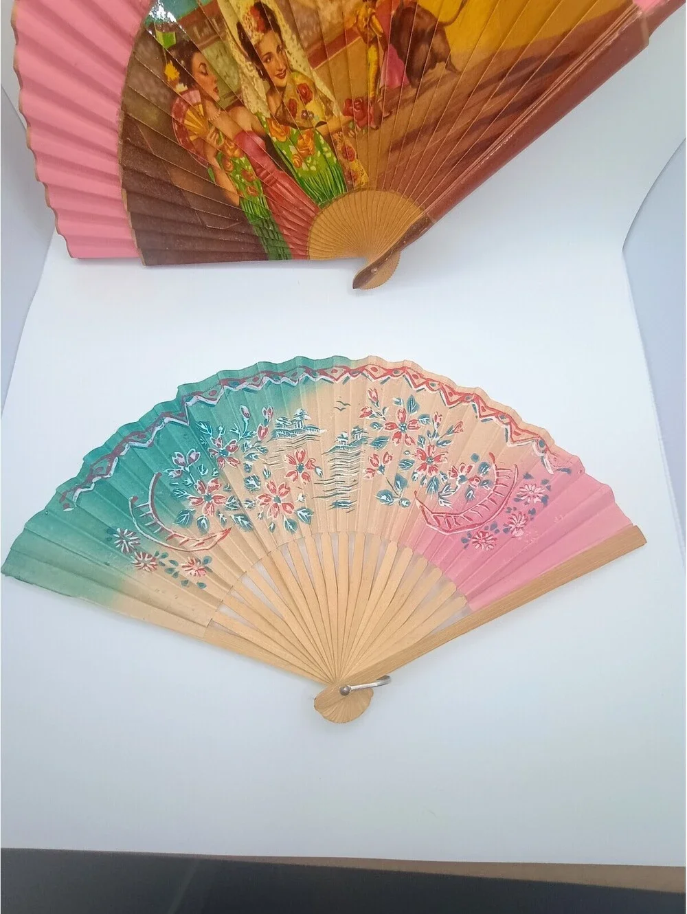 Vintage Handheld Folding Fans Set of 2 with Floral and Scene Designs